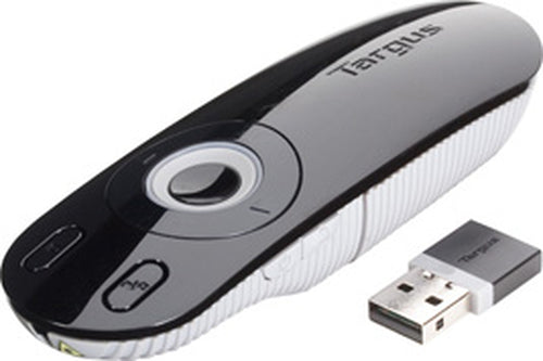 TARGUS WIRELESS PRESENTER WITH LASER POINTER, LEAR & INTUITIVE LAYOUT, 2.4 GHZ WIRELESS TECHNOLOGY OPERATES UP TO 15 METRES AWAY, USB PORT REQUIRED; TRUE PLUG-AND-PLAY DEVICE, NO DRIVERS REQUIRED; PC/MAC AND NETBOOK COMPATIBLE